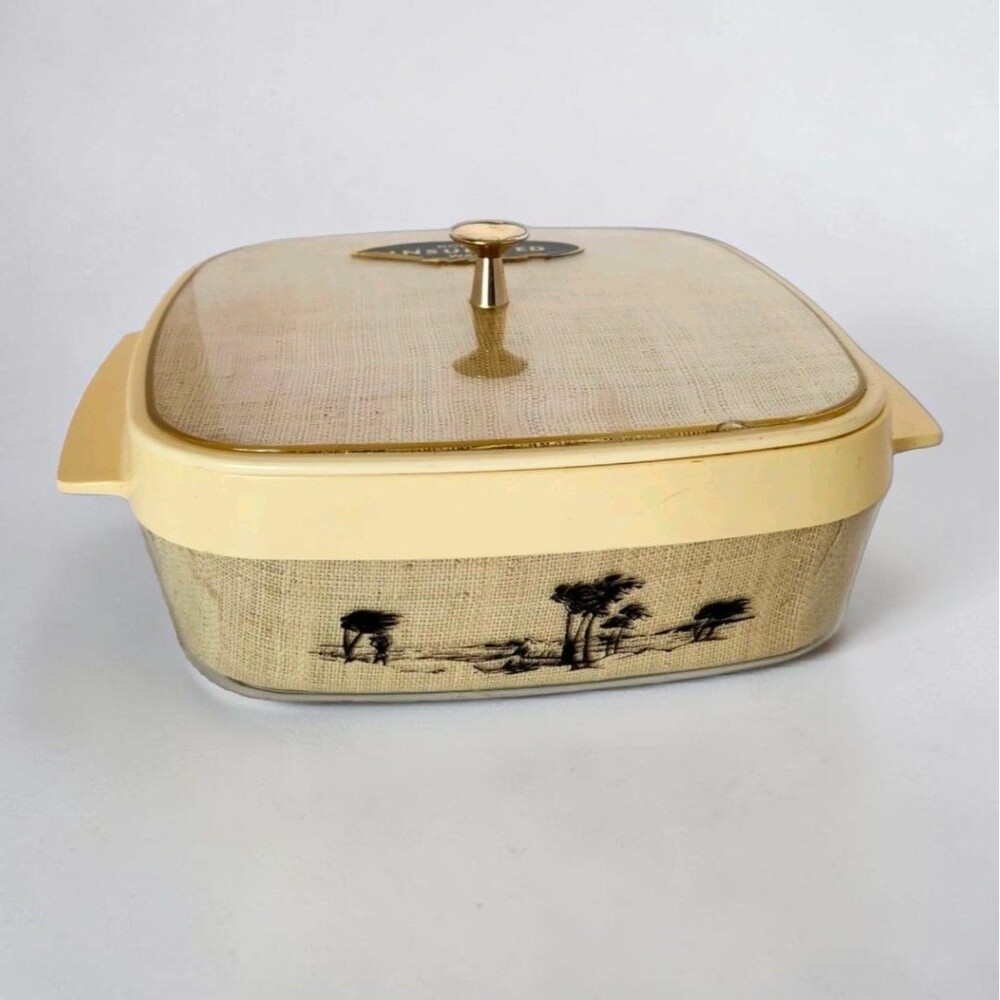Vintage 1960s Thermo-Serv Insulated Casserole Server Tropical Scene MCM 9.5"